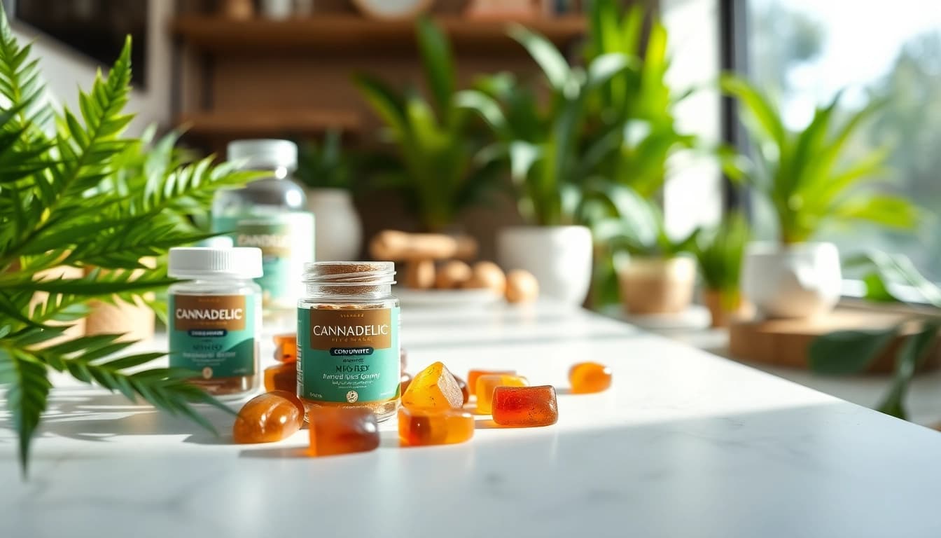 Cannadelic microdose gummies arranged elegantly on a countertop with natural greens.