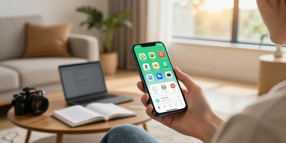 Exploring GB WhatsApp features on a smartphone in a cozy living room setting.