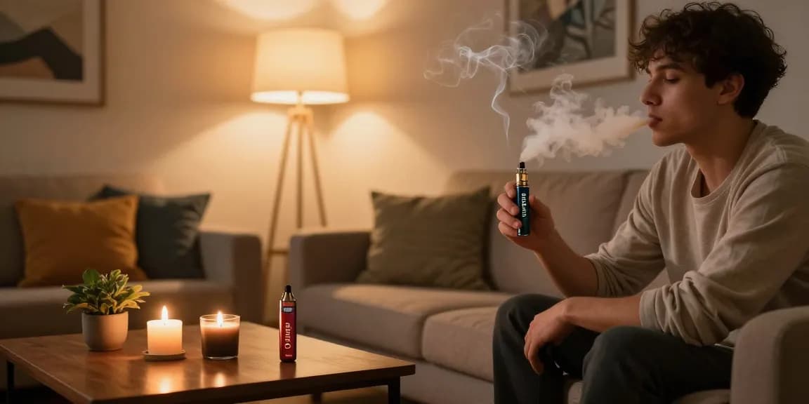 Experience the calming effects of Indica Vape C Liquid in a cozy home setting.