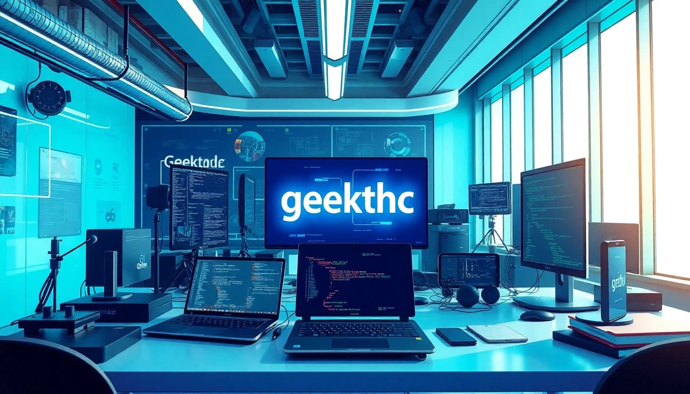 Engaging tech workspace highlighting geekthc with modern gadgets and vibrant atmosphere.