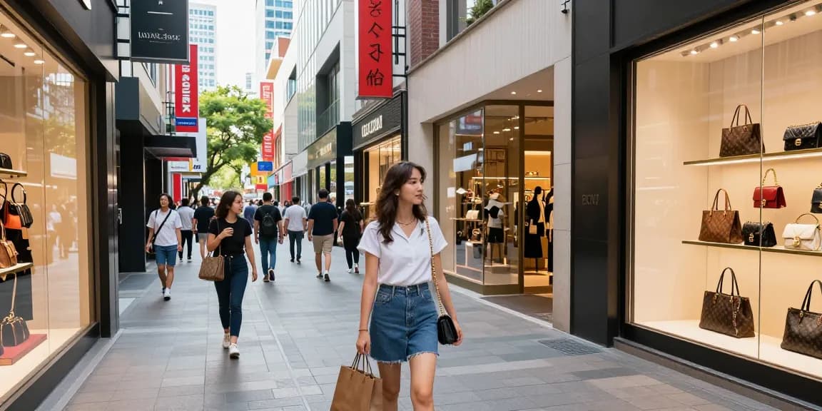 Shopper exploring stylish replica sites in a bustling urban fashion district.