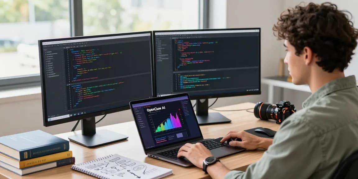 Developer coding with Open Claw AI on dual screens in a bright office.
