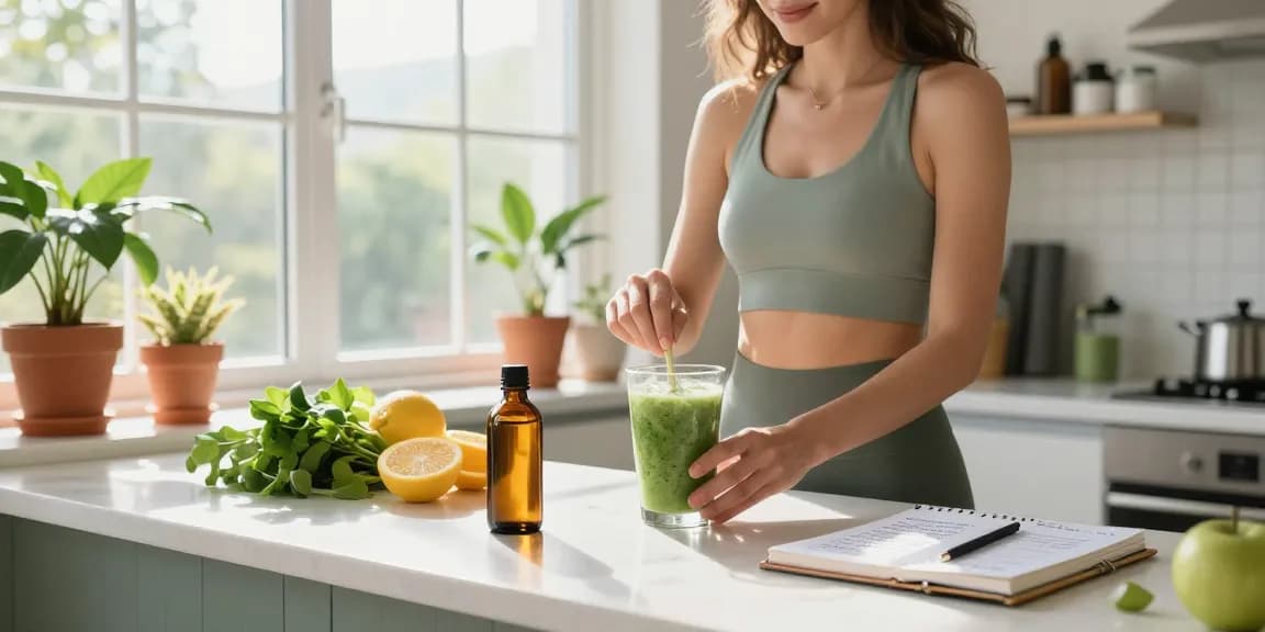 Proper loud CBD oil used for creating a refreshing smoothie in a wellness-focused kitchen.