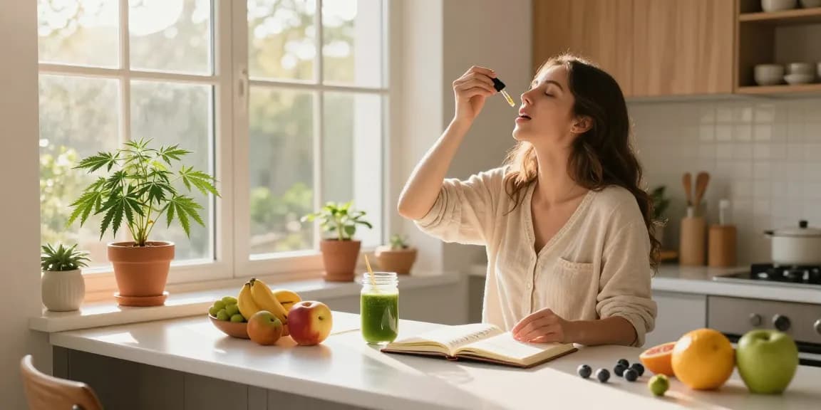 Ministry of Cannabis CBD oil products integrated into a vibrant morning wellness routine with hemp and healthy foods.