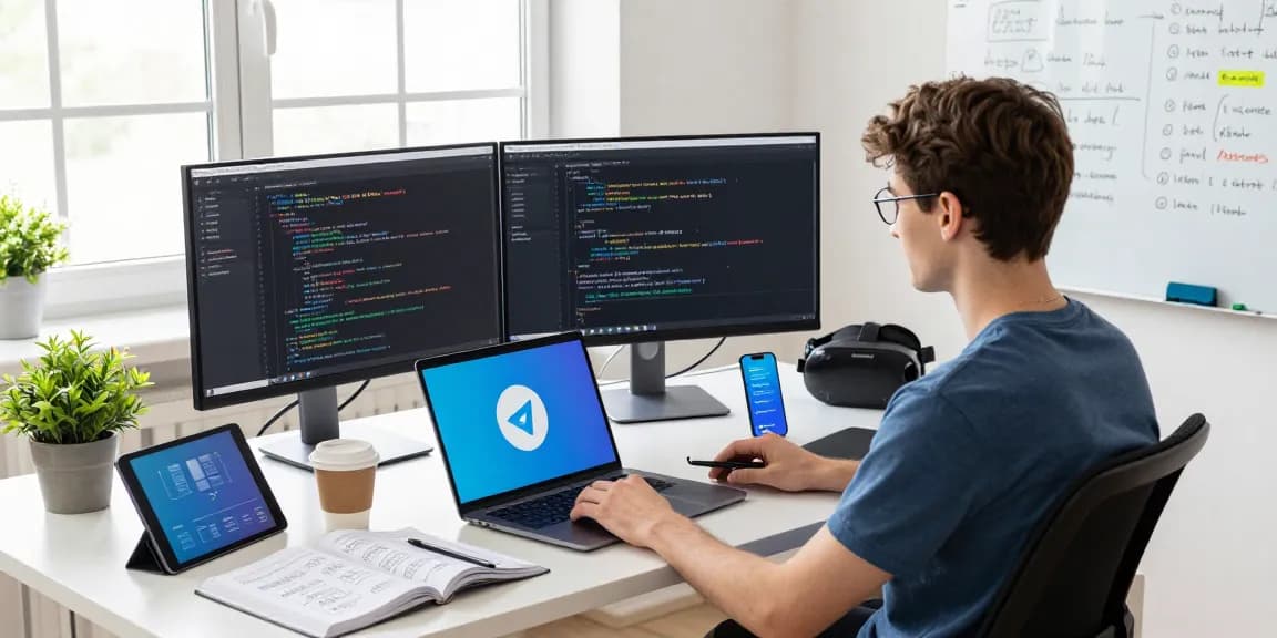Developer coding Telegram Web Version in a modern workspace, showcasing effective tech interaction and creativity.