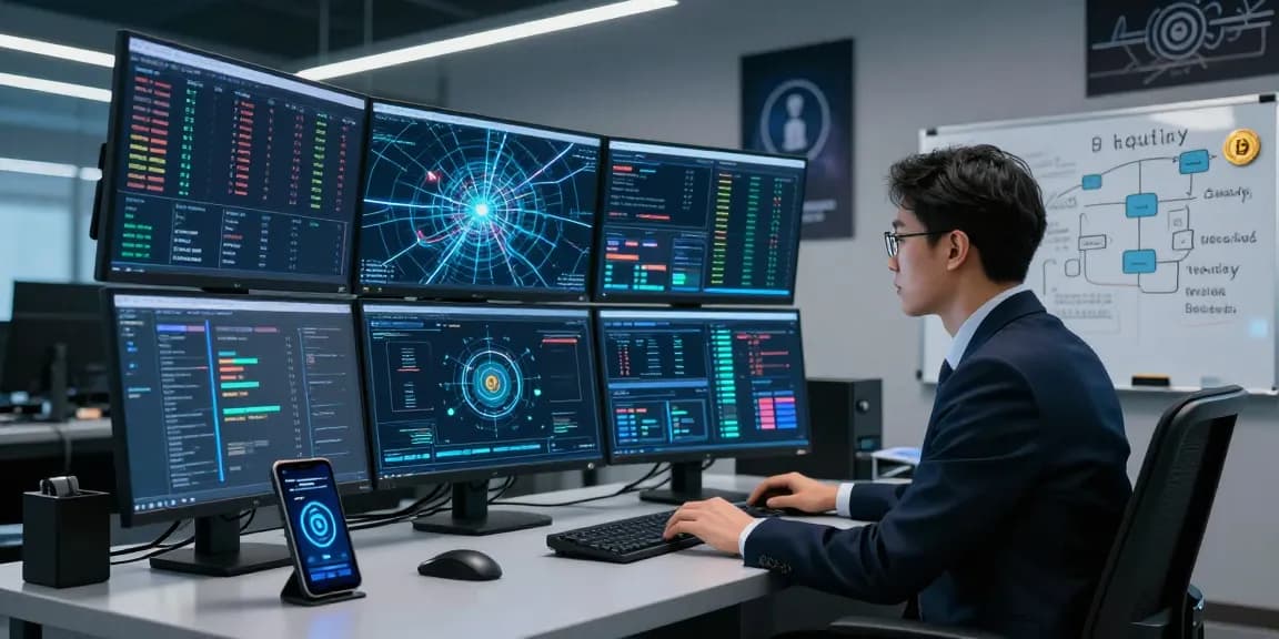 Recover stolen cryptocurrency with cybersecurity expert analyzing real-time data in a high-tech command center.