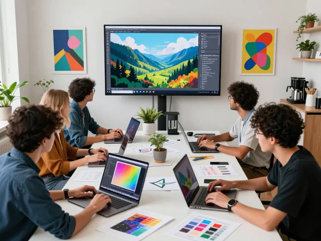 Diverse artists collaborating with Nano Banana 2 in a vibrant digital art studio, showcasing creativity and innovation.
