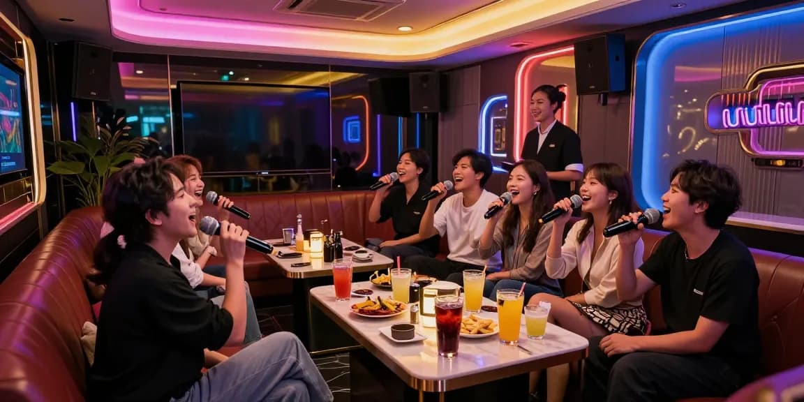 Experience the vibrant atmosphere of 강남 가라오케 with friends enjoying premium drinks and singing in a luxurious setting.