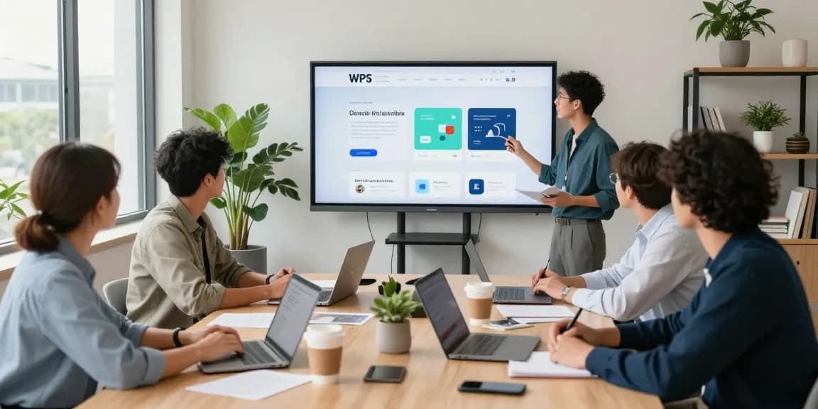 Team meeting around WPS Official Website interface, showcasing collaboration and innovation.