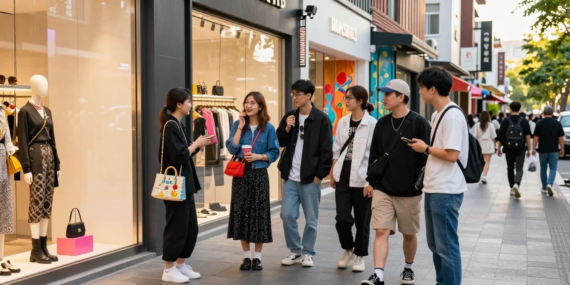 Stylish group exploring the 레플리카 쇼핑몰 in an urban shopping district, showcasing vibrant fashion and accessories.