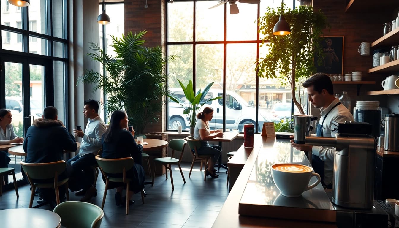 Café accueillant avec des clients savourant leur café à un coffee shop espagne.