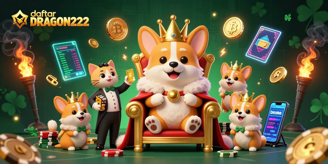 Engage with daftar DRAGON222's vibrant 3D digital scene showcasing royal corgis amidst glowing Bitcoin and Ethereum coins.