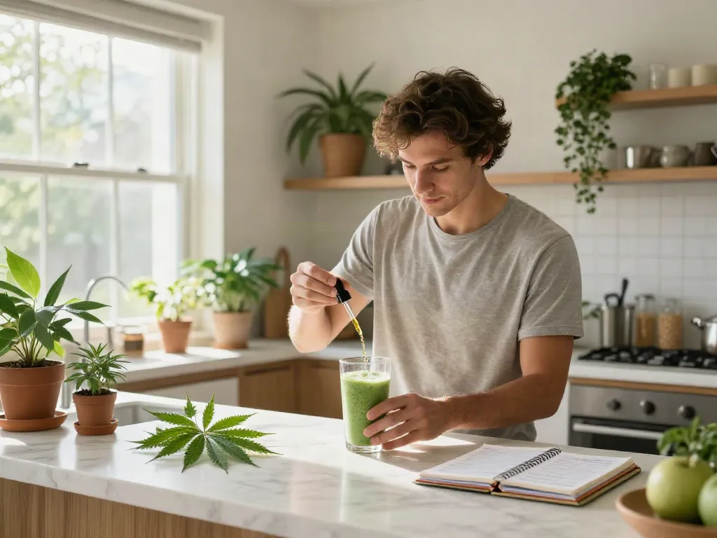 cheap shatter canada - man administering CBD oil over smoothie in bright kitchen, natural wellness atmosphere.