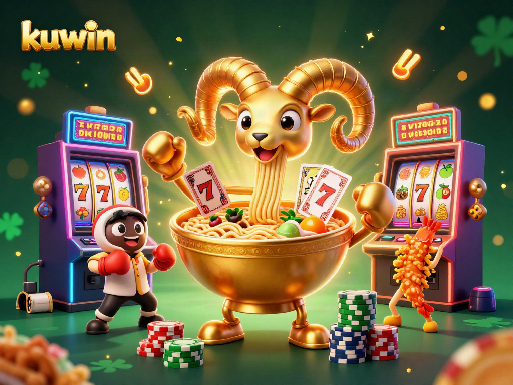 Kuwin slots scene featuring a golden ramen bowl dealer with gyoza and sushi sidekicks amidst vibrant casino action.