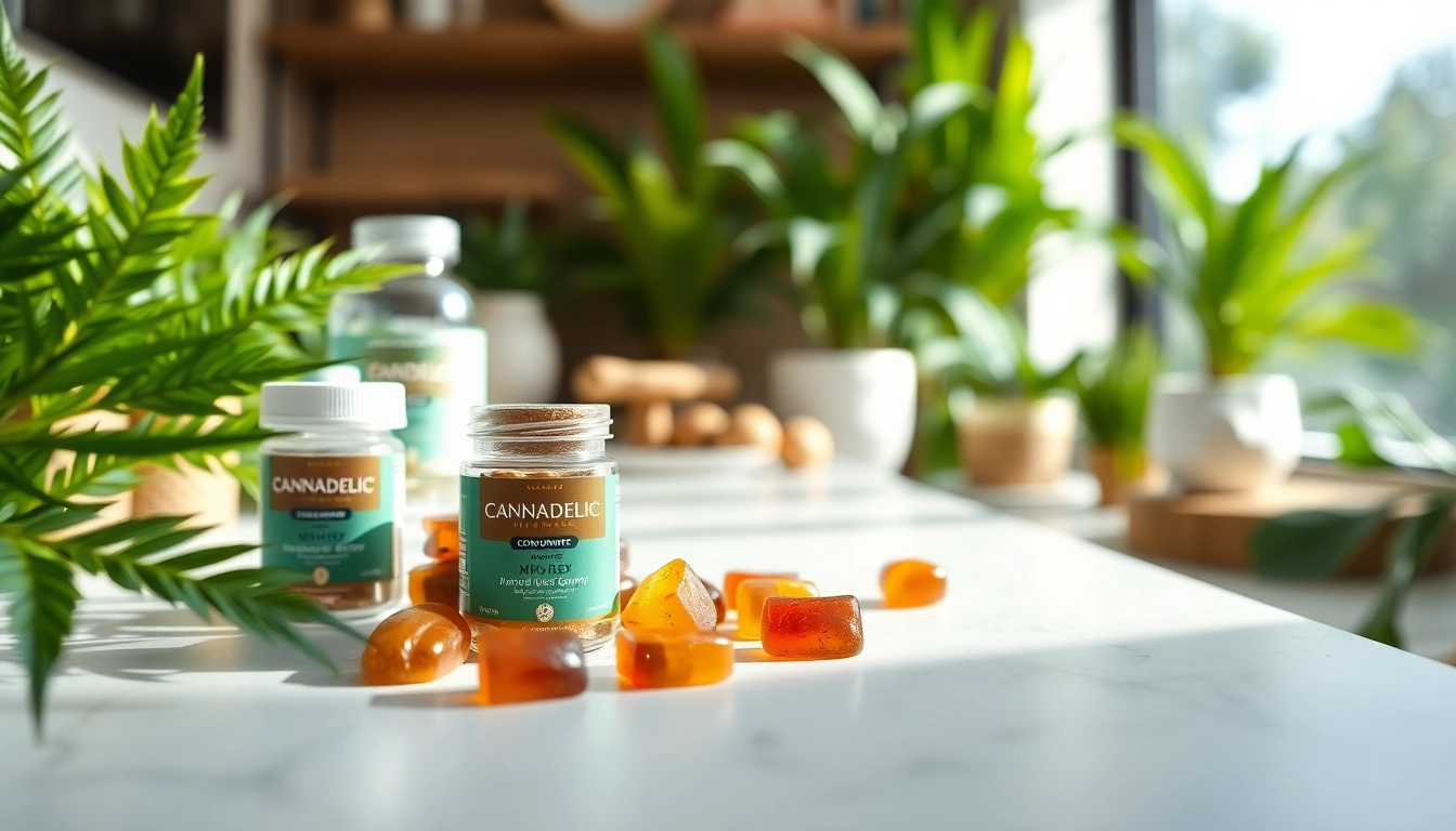 Cannadelic microdose gummies arranged elegantly on a countertop with natural greens.