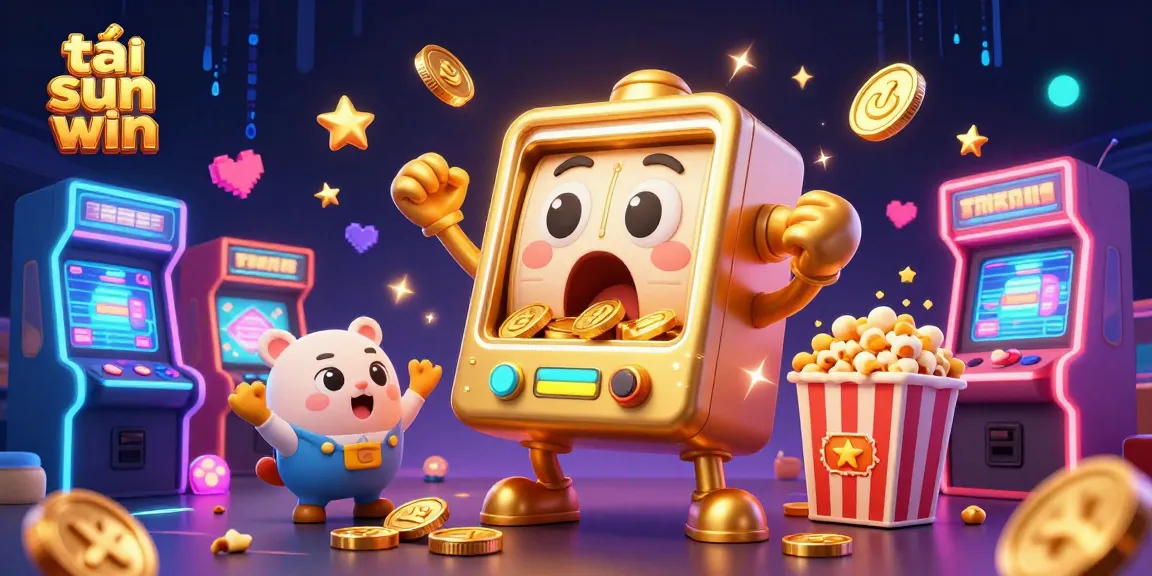 Play and win with tải sun win as a golden slot machine hits a jackpot, surrounded by cheerful game elements.