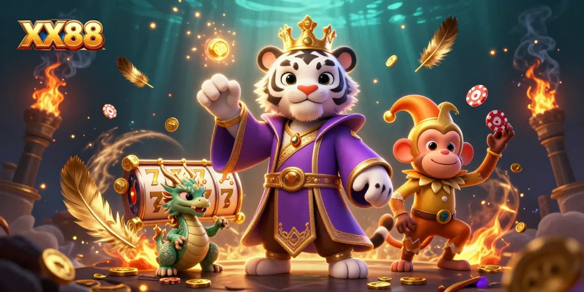 Experience exciting moments at XX88 with a lively cartoon scene featuring a tiger, monkey, and jade dragon.