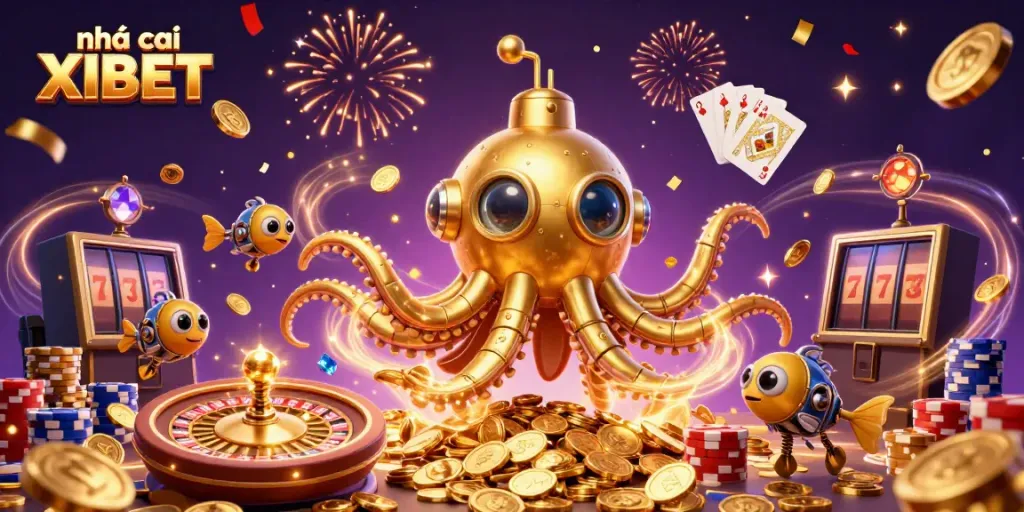 Experience the vibrant world of nhà cái XIBET with a dynamic casino scene featuring magical elements and golden rewards.