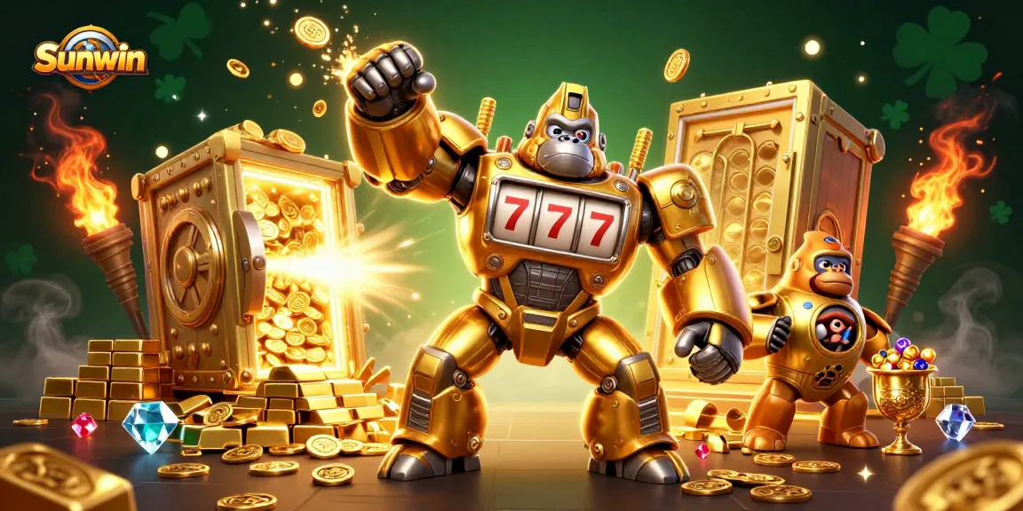 Experience excitement with Sunwin, featuring a dynamic 3D illustrated golden gorilla mech surrounded by treasures.