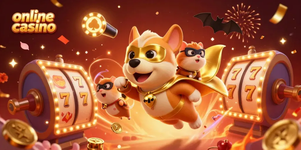 Heroic cartoon dog flying over an online casino scene, with vibrant slot machine elements.