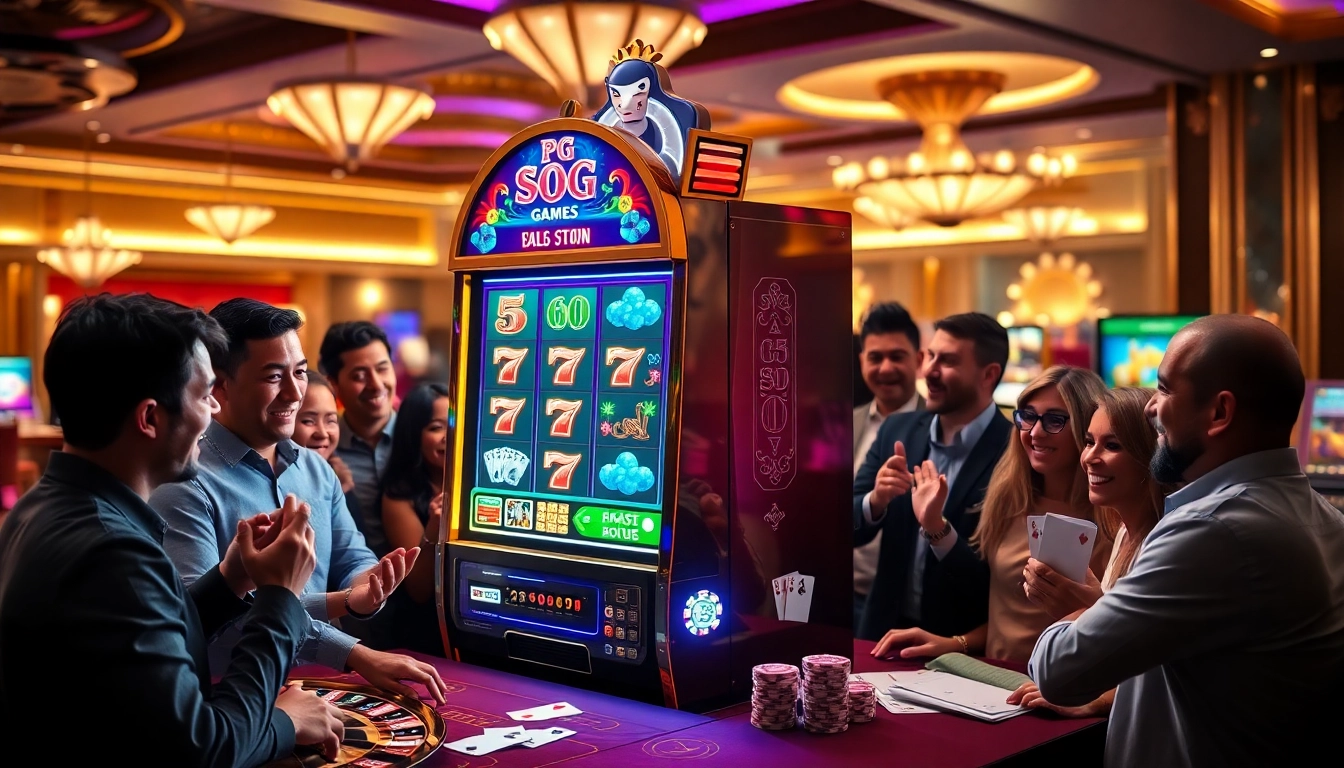 Experience the excitement of pg slot demo with players engaging at a vibrant casino slot machine.