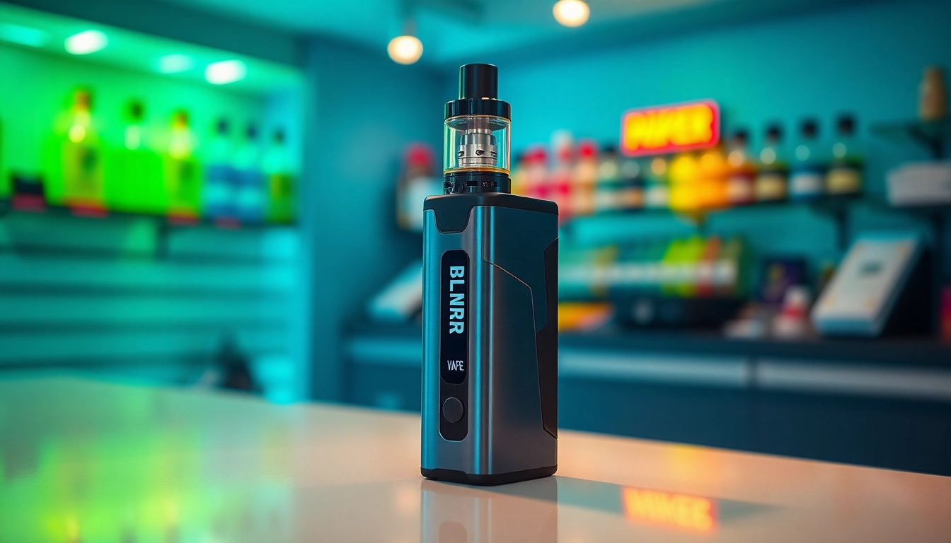 BLINKER VAPE Gerät in einem modernen Vape-Shop mit leuchtenden E-Liquids im Hintergrund präsentieren.