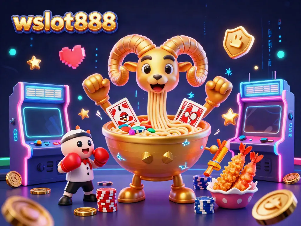 Bermain dengan wslot888: ilustrasi kartun 3D pemandangan kasino dengan karakter yang dinamis dan permainan menarik.