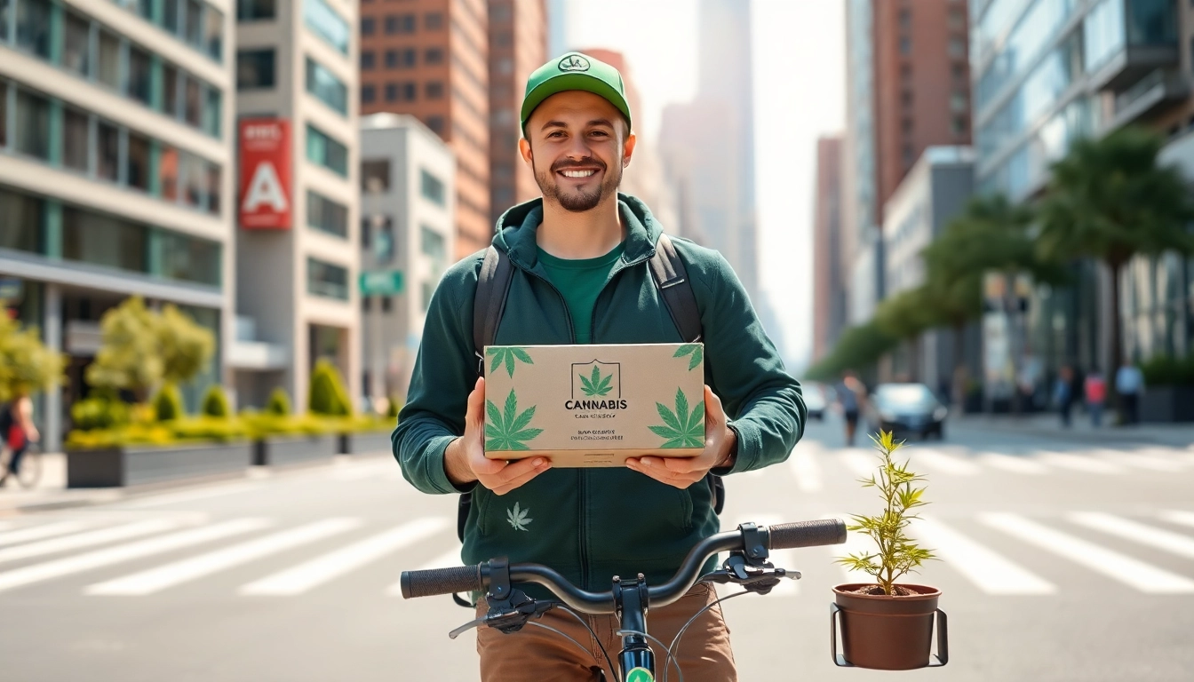 Delivering cannabis delivery in an urban setting with a branded package.