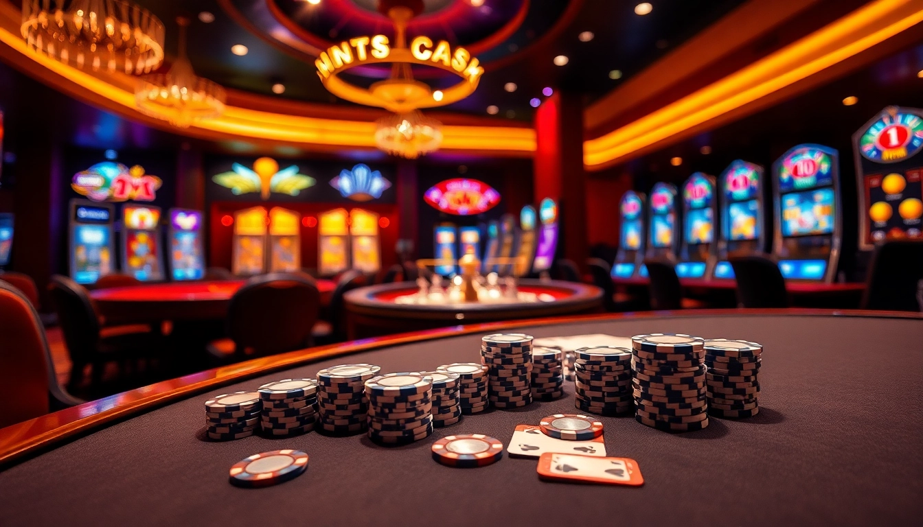 Engaging poker scene at a top nhà cái featuring professionals, chips, and vibrant casino lights.