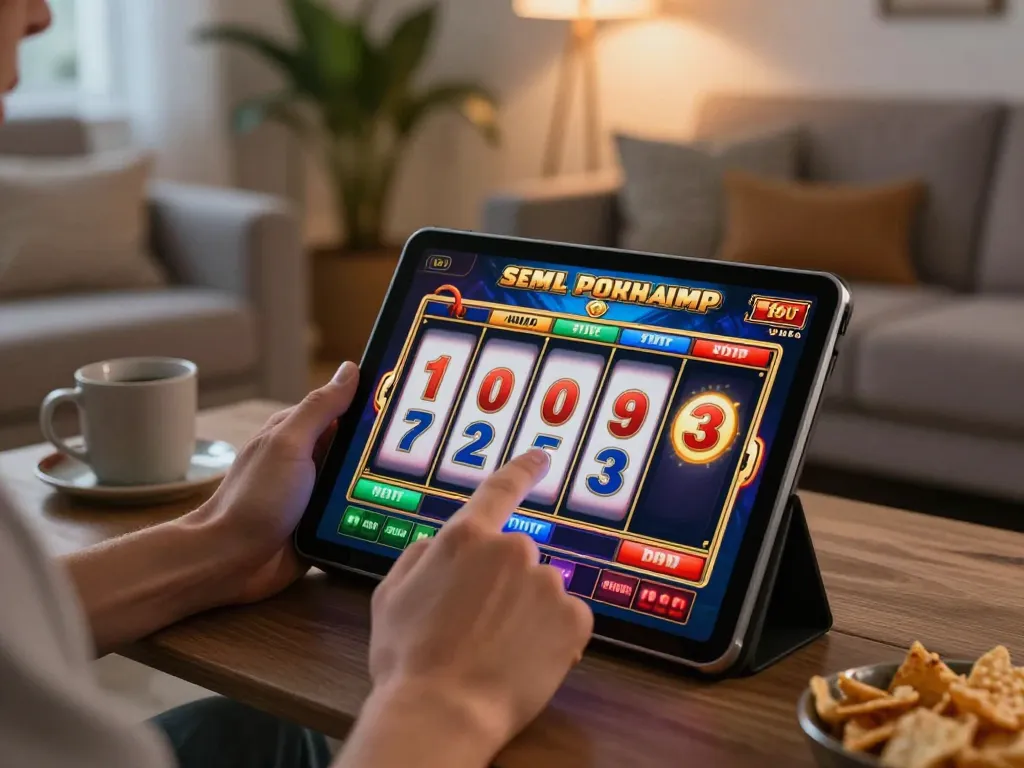 Engaged player enjoying situs slot gameplay on tablet, showcasing colorful graphics in a cozy living room.