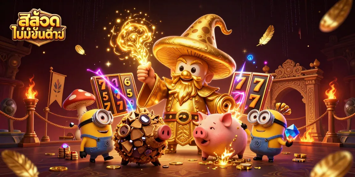 Engage with สล็อตไม่มีขั้นต่ำ in an exciting 3D casino scene filled with magical treasures and slot elements.