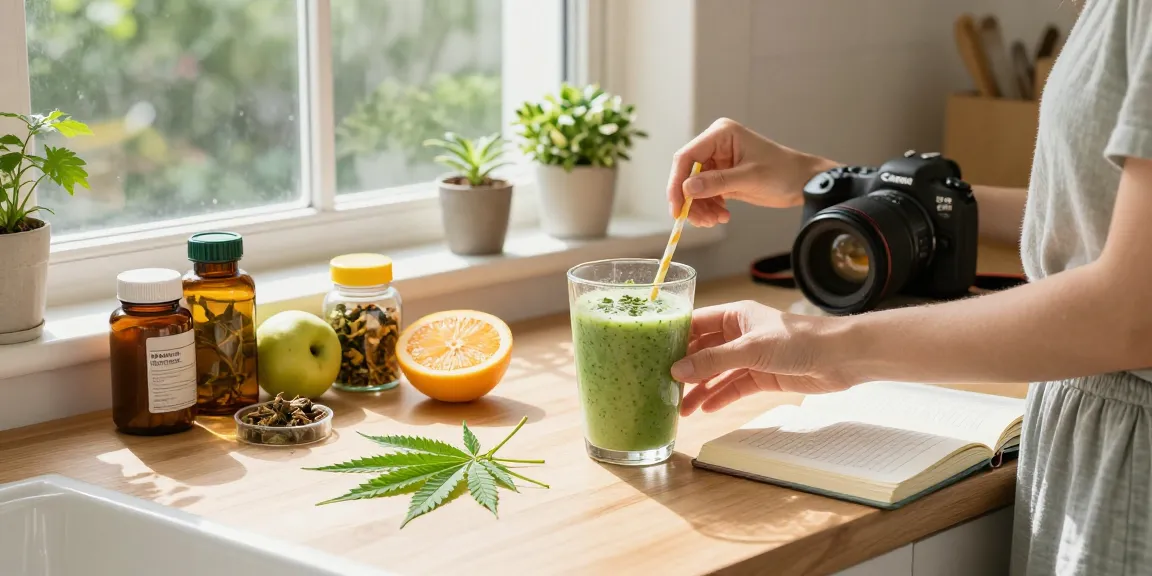uk edibles wellness scene with CBD-infused smoothie, fresh hemp leaves, vitamins, and natural light ambiance.