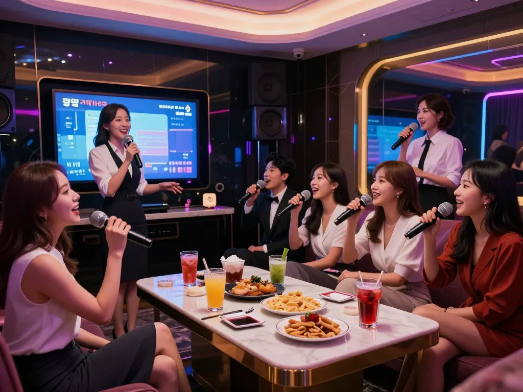 Experience the vibrant atmosphere of 강남 가라오케's luxurious karaoke rooms with premium drinks and lively entertainment.