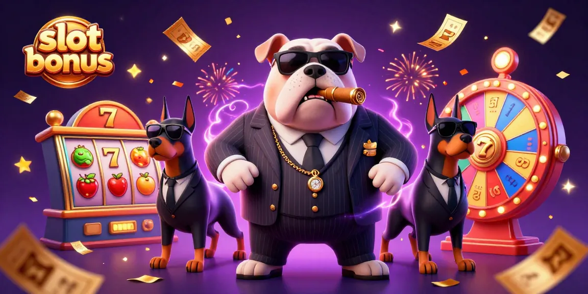 Engage with thrilling slot bonuses in a vibrant casino scene featuring a mafia bulldog and bodyguards.
