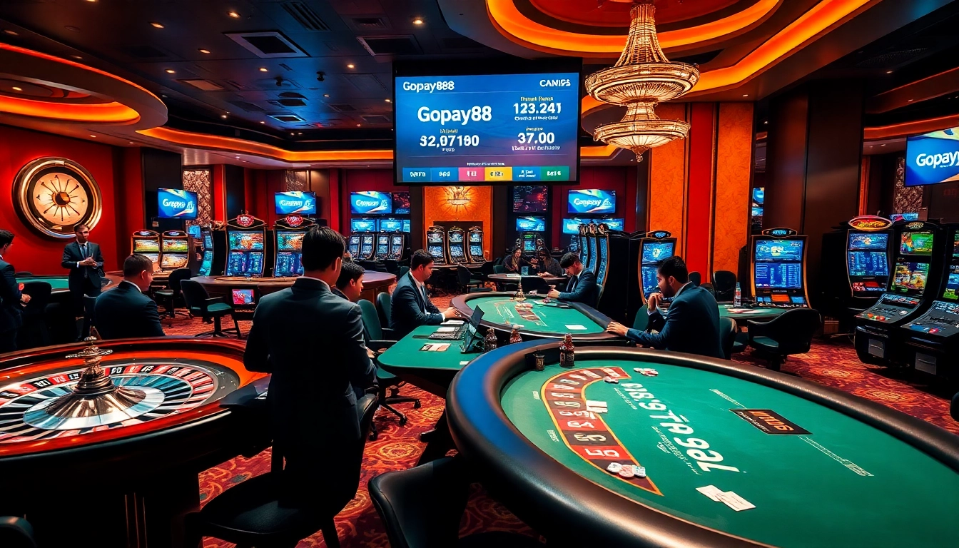 Players enjoying high-stakes games at Gopay88 casino, featuring vibrant gambling elements.