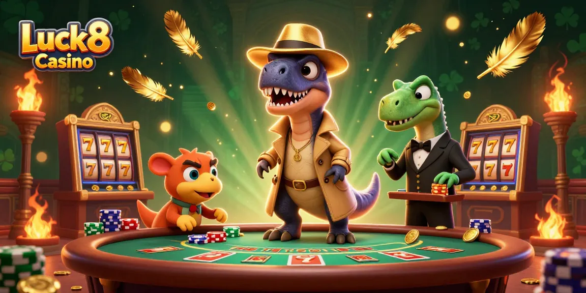 Luck8 Casino illustration featuring a velociraptor card counter amidst blackjack excitement.