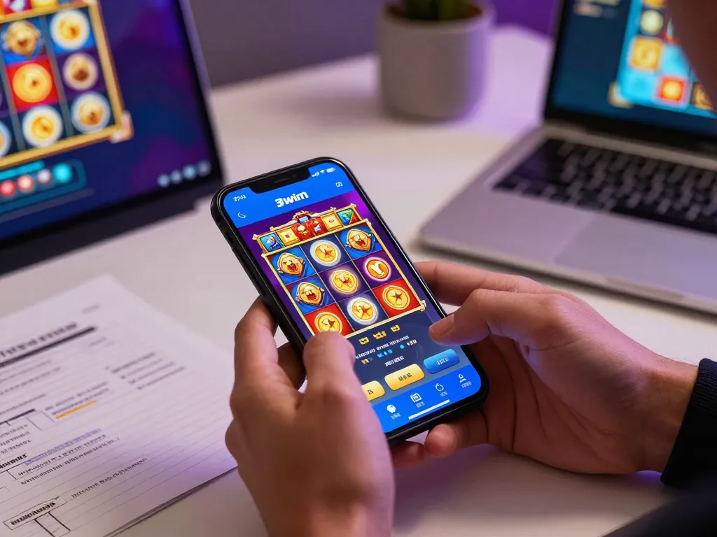 Engaged player using the 3win actor app for online slots, showcasing immersive gaming experience.