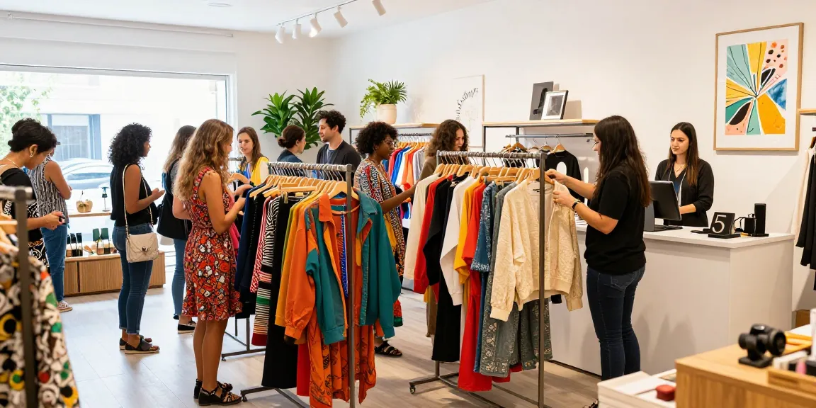 Vibrant e-commerce retail scene at https://forumup.org/shop/search.php?ca_id=&addr1=&addr2=&addr3=&schKeyword= with diverse shoppers exploring trendy clothing.