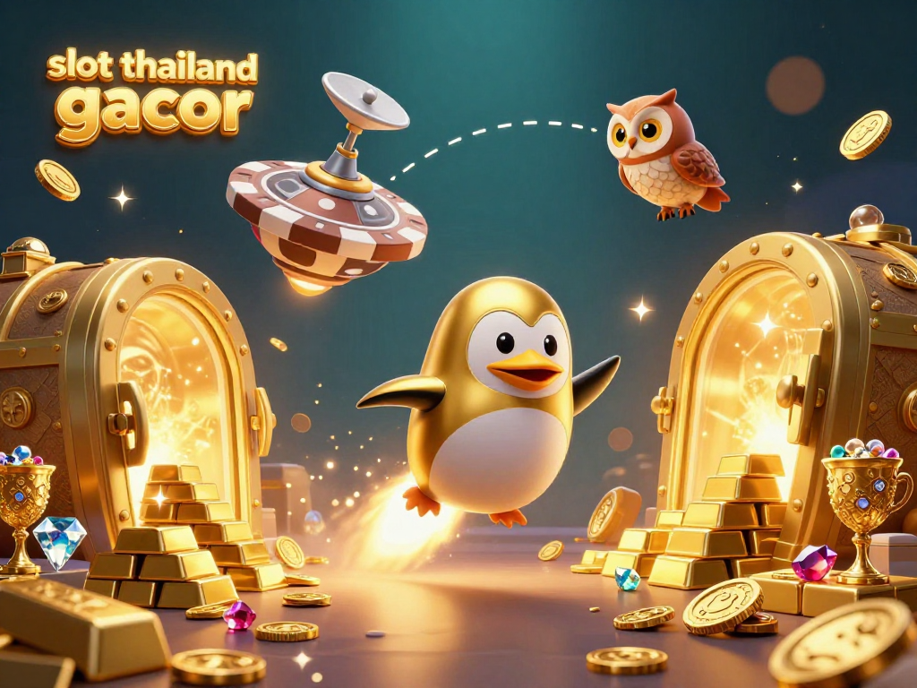 Experience slot thailand gacor with a golden penguin amidst vibrant casino treasures in a dynamic digital scene.