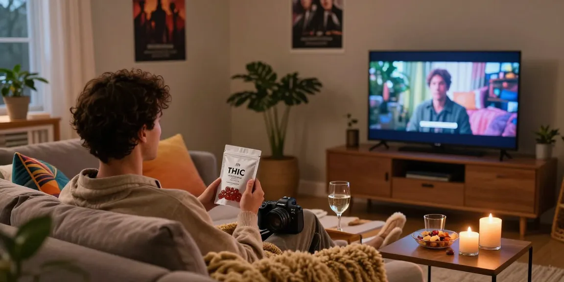 Enjoying a THC edible UK gummy in a cozy living room setting