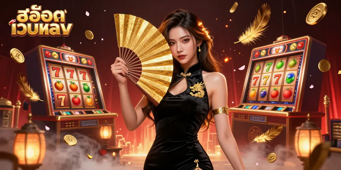 Engage with สล็อตเว็บตรง as a stunning Asian woman elegantly plays slots amidst dynamic casino elements.