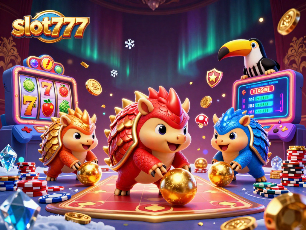 Experience the thrill of slot777 as rival pangolins roll golden balls and strike jackpots in a vibrant casino.