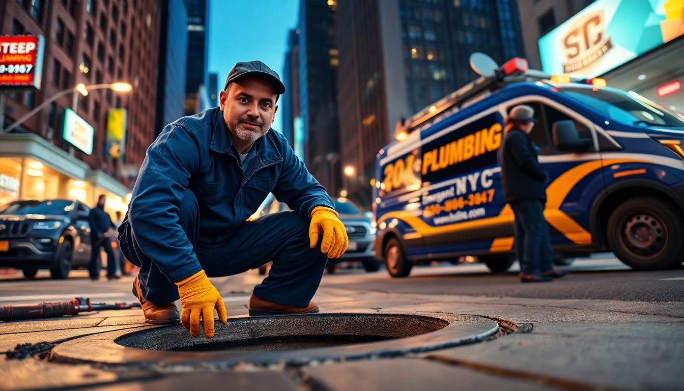 Professional NYC emergency plumber & sewer repairing a manhole in bustling urban setting.