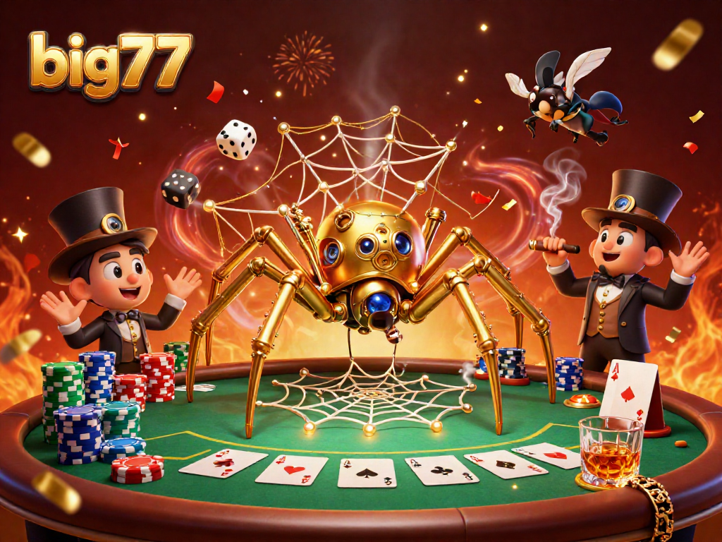 Catch the thrill with big777 at a vibrant steampunk casino illustration filled with poker excitement.