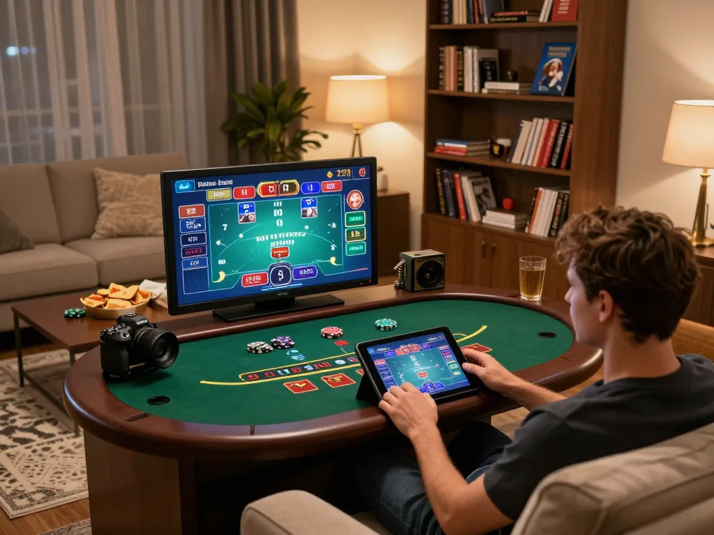 Player engaging in live dealer blackjack on 99win tablet, cozy home setting