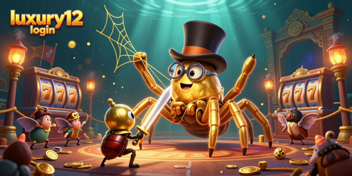 Engage with the luxury12 login experience in a vibrant 3D casino scene featuring a golden tarantula.