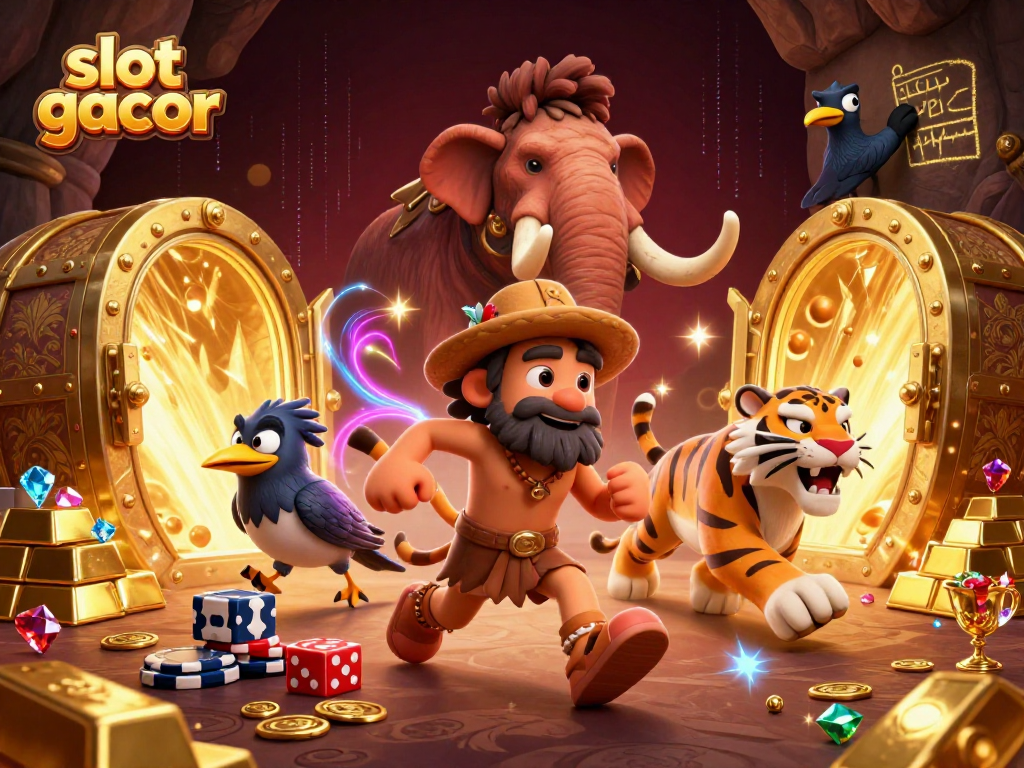 Experience slot gacor excitement with our unique cartoon caveman and tiger duo in a rich casino scene