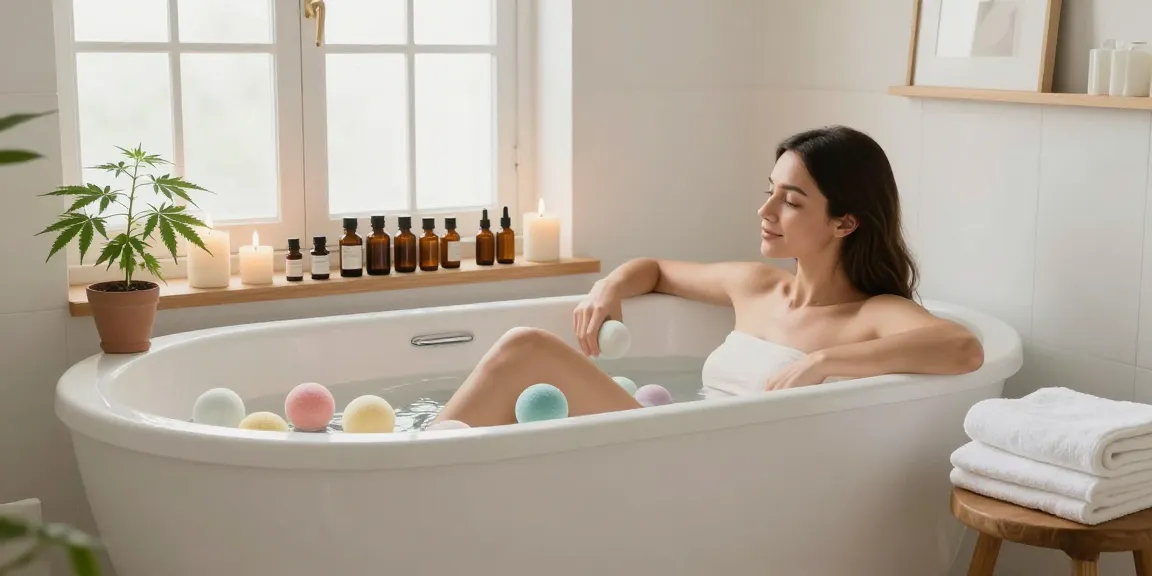 Creación de contenido de marketing sobre aceites CBD orgánicos en un spa casero con ambiente de relajación y calidad natural.