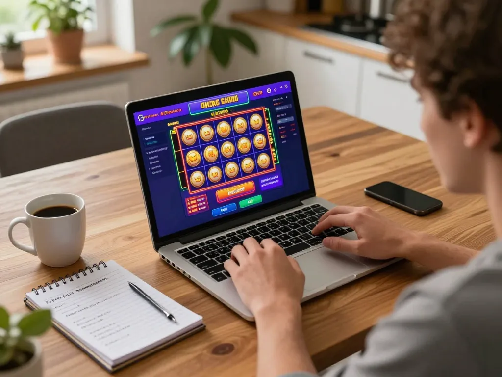 The hidden wiki user placing bets on an online casino with a laptop, showcasing strategy notes and a vibrant game interface.