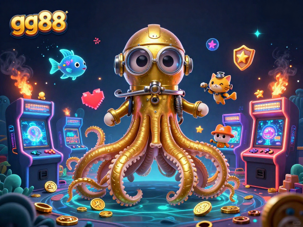 Engaging gg88 slot scene with a kraken and diving cat surrounded by glowing game elements and vibrant colors.